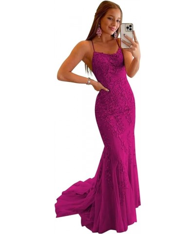 Mermaid Lace Prom Dresses Long Spaghetti Strap Appliques Backless Formal Evening Dresses Ball Gowns for Women Fuchsia $41.64 ...