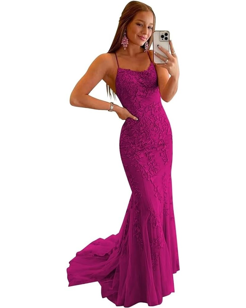 Mermaid Lace Prom Dresses Long Spaghetti Strap Appliques Backless Formal Evening Dresses Ball Gowns for Women Fuchsia $41.64 ...