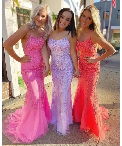 Mermaid Lace Prom Dresses Long Spaghetti Strap Appliques Backless Formal Evening Dresses Ball Gowns for Women Fuchsia $41.64 ...