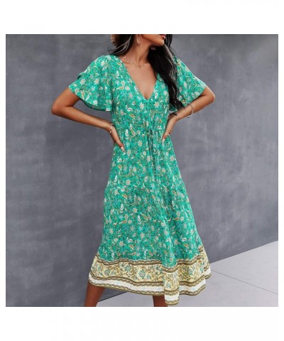 Women Casual Summer Short Ruffles Tiered Sleeve Smocked Maxi Dresses Bohemian Floral V Neck Wedding Guest Dresses A03-green $...