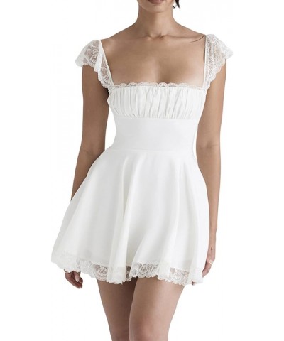 Low Cut Spaghetti Strap Going Out Mini Dress Sexy Sleeveless Lace Patchwork Bodycon Dress 2023 Summer Q- White $9.84 Dresses