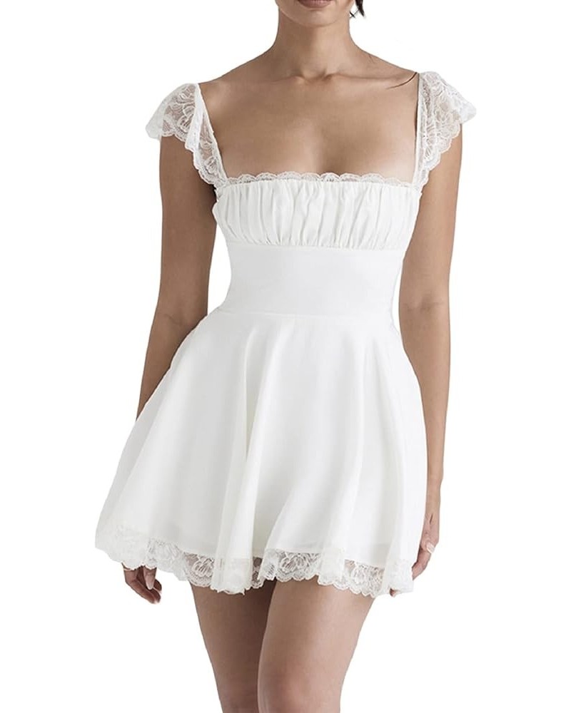 Low Cut Spaghetti Strap Going Out Mini Dress Sexy Sleeveless Lace Patchwork Bodycon Dress 2023 Summer Q- White $9.84 Dresses