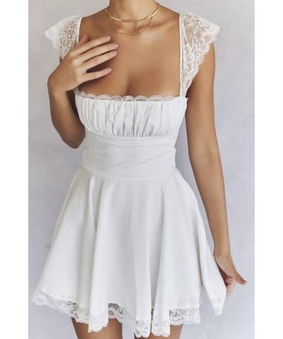 Low Cut Spaghetti Strap Going Out Mini Dress Sexy Sleeveless Lace Patchwork Bodycon Dress 2023 Summer Q- White $9.84 Dresses