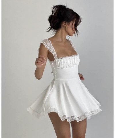 Low Cut Spaghetti Strap Going Out Mini Dress Sexy Sleeveless Lace Patchwork Bodycon Dress 2023 Summer Q- White $9.84 Dresses