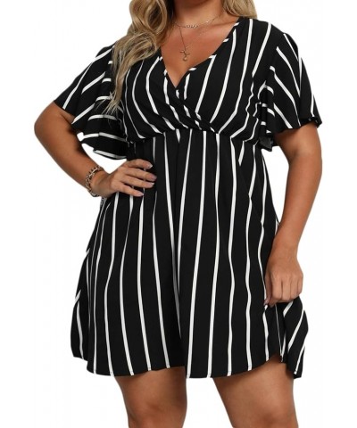 Women's Plus Size Striped Print Wrap V Neck Short Sleeve A Line Dress Black $23.31 Dresses