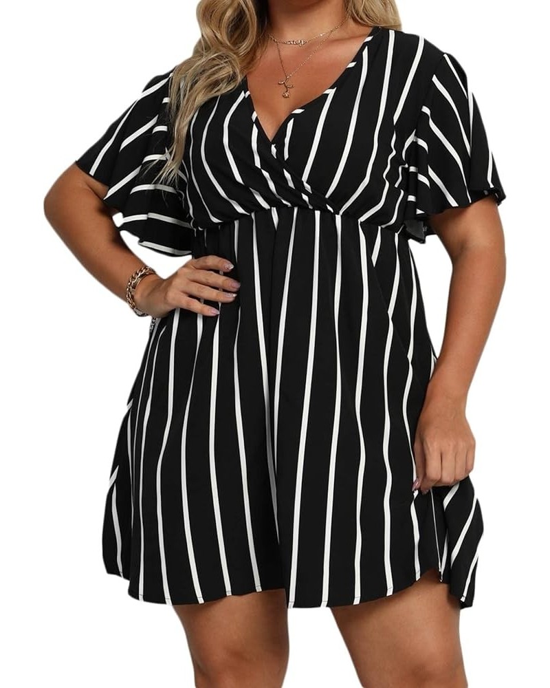 Women's Plus Size Striped Print Wrap V Neck Short Sleeve A Line Dress Black $23.31 Dresses