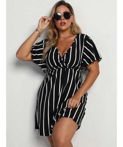 Women's Plus Size Striped Print Wrap V Neck Short Sleeve A Line Dress Black $23.31 Dresses