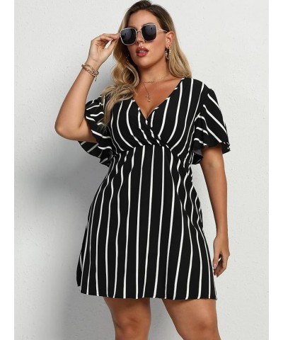 Women's Plus Size Striped Print Wrap V Neck Short Sleeve A Line Dress Black $23.31 Dresses