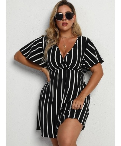 Women's Plus Size Striped Print Wrap V Neck Short Sleeve A Line Dress Black $23.31 Dresses