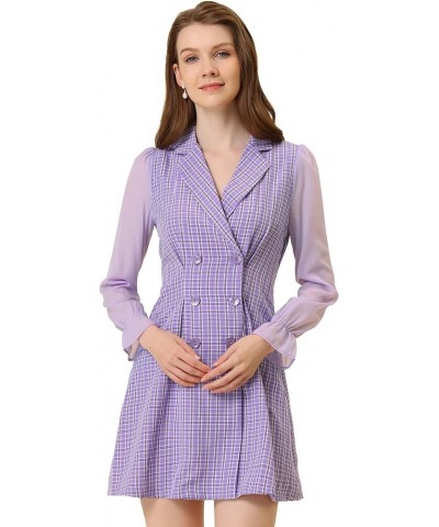 Women's Plaid Notched Lapel Double Breasted Elastic Cuff Elegant Long Sleeve Blazer Dress Purple $21.99 Blazers