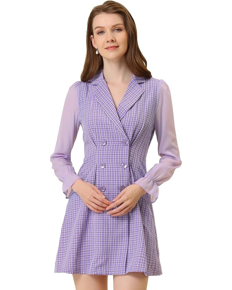 Women's Plaid Notched Lapel Double Breasted Elastic Cuff Elegant Long Sleeve Blazer Dress Purple $21.99 Blazers