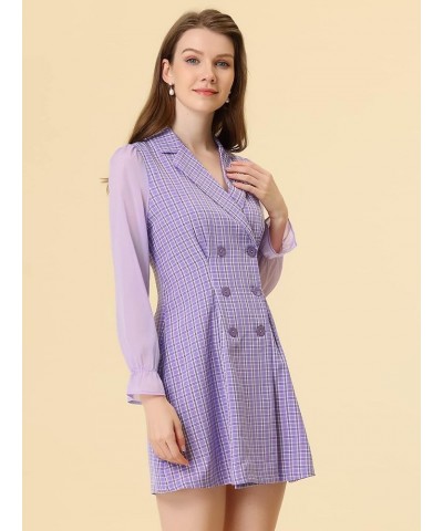 Women's Plaid Notched Lapel Double Breasted Elastic Cuff Elegant Long Sleeve Blazer Dress Purple $21.99 Blazers