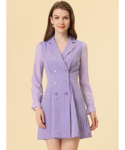 Women's Plaid Notched Lapel Double Breasted Elastic Cuff Elegant Long Sleeve Blazer Dress Purple $21.99 Blazers