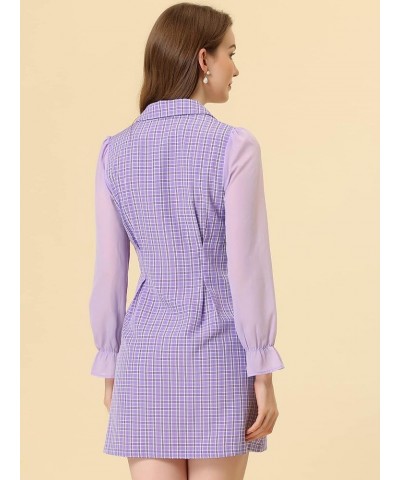 Women's Plaid Notched Lapel Double Breasted Elastic Cuff Elegant Long Sleeve Blazer Dress Purple $21.99 Blazers