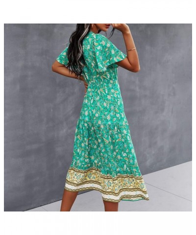 Women Casual Summer Short Ruffles Tiered Sleeve Smocked Maxi Dresses Bohemian Floral V Neck Wedding Guest Dresses A03-green $...