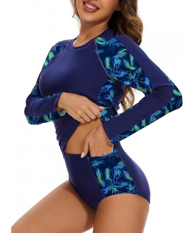 Women's Two Piece Rash Guard Long Sleeve UPF 50+ Swimsuit Built in Bra Swim Shirt with Swim Bottoms with Pockets Navy Blue & ...