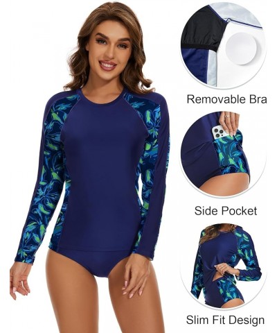 Women's Two Piece Rash Guard Long Sleeve UPF 50+ Swimsuit Built in Bra Swim Shirt with Swim Bottoms with Pockets Navy Blue & ...