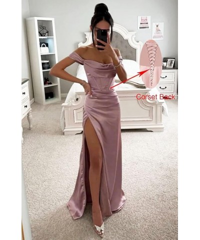 Off Shoulder Bridesmaid Dresses Satin for Women 2023 Ball Gown Mermaid Pleated Corset Prom Dress Long with Slit DE104 Burgund...