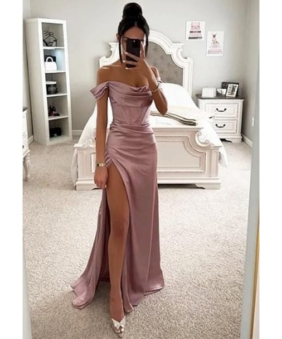 Off Shoulder Bridesmaid Dresses Satin for Women 2023 Ball Gown Mermaid Pleated Corset Prom Dress Long with Slit DE104 Burgund...