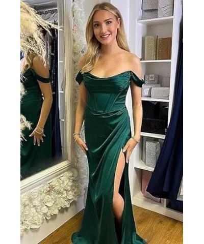 Off Shoulder Bridesmaid Dresses Satin for Women 2023 Ball Gown Mermaid Pleated Corset Prom Dress Long with Slit DE104 Burgund...