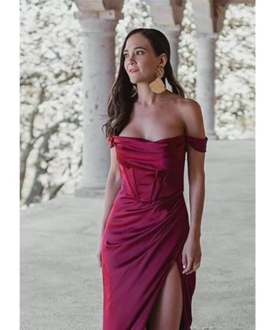 Off Shoulder Bridesmaid Dresses Satin for Women 2023 Ball Gown Mermaid Pleated Corset Prom Dress Long with Slit DE104 Burgund...