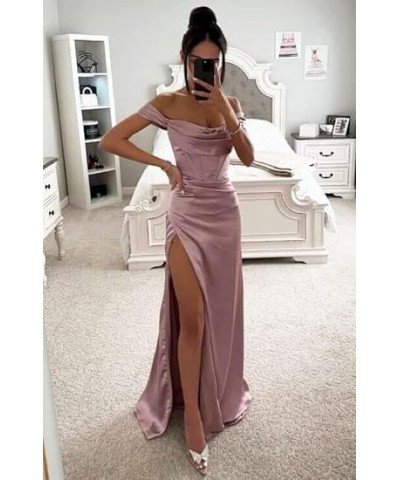 Off Shoulder Bridesmaid Dresses Satin for Women 2023 Ball Gown Mermaid Pleated Corset Prom Dress Long with Slit DE104 Burgund...