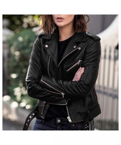 Leather Jackets Full Zip Snap Stand Collar Long Sleeve Outwear Cool Slim Jacket Coat for Vacation Women'S Leather Black-b $18...