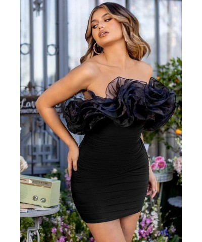 Women Bodycon Off Shoulder Ruffle Mini Dress Sleeveless Strapless Ruched Short Dress Summer Tight Party Dresses Mesh Black $1...