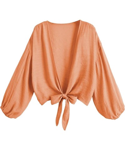 Women's Tie Front Beach Cover Ups Sheer Lantern Long Sleeve Kimono Swimwear Orange $14.26 Swimsuits