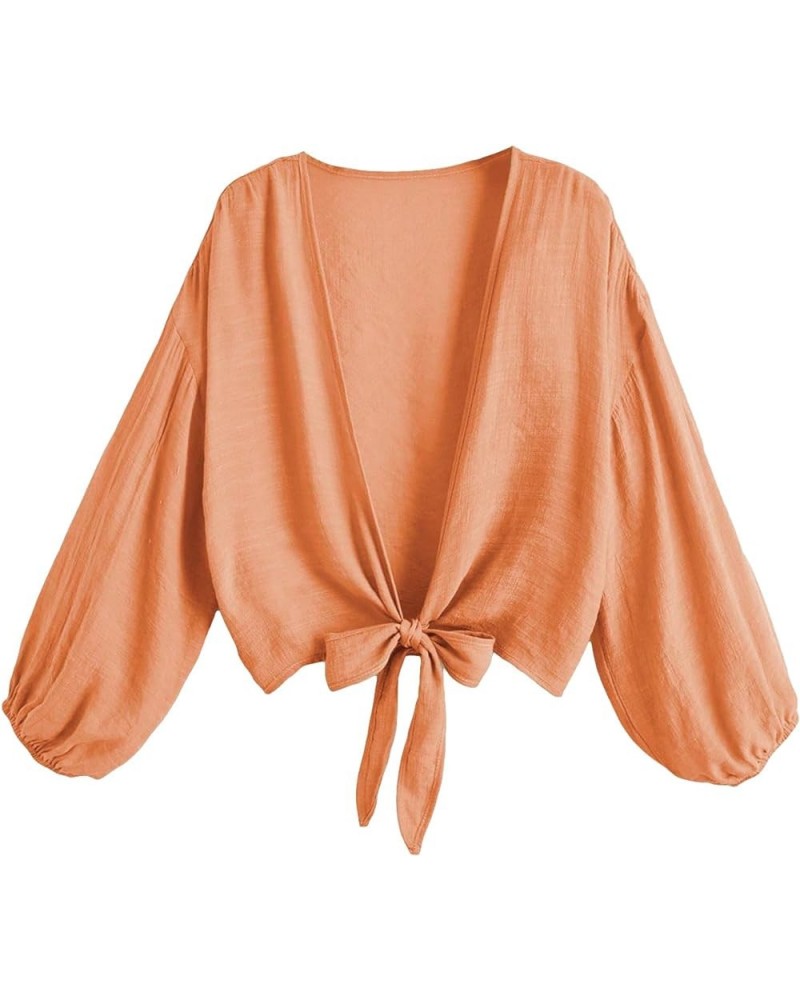 Women's Tie Front Beach Cover Ups Sheer Lantern Long Sleeve Kimono Swimwear Orange $14.26 Swimsuits