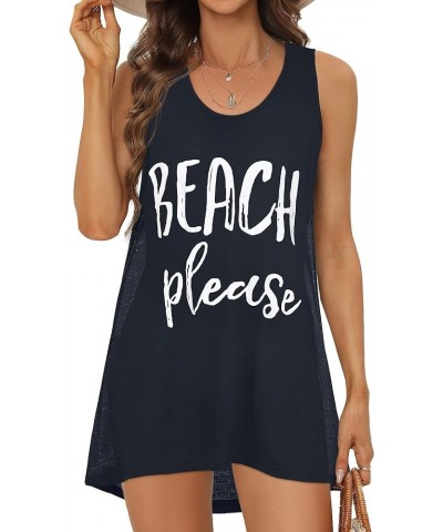 Womens Swimsuit Cover Up Summer Sleeveless T-Shirt Beach Dress Tank Bikini Coverups Navy Blue Letters $11.19 Swimsuits