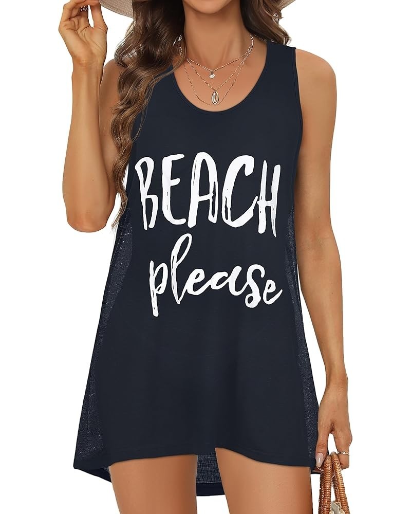 Womens Swimsuit Cover Up Summer Sleeveless T-Shirt Beach Dress Tank Bikini Coverups Navy Blue Letters $11.19 Swimsuits