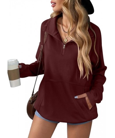 Women's Zip Up Sweatshirt Casual Long Sleeve Lapel Drawstring Oversized Quarter Zipper Pullover Fall Tops for Women Maroon $1...