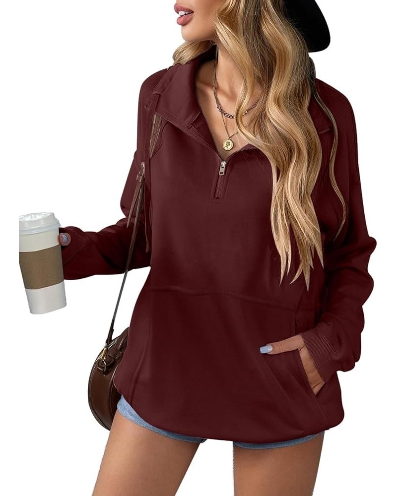 Women's Zip Up Sweatshirt Casual Long Sleeve Lapel Drawstring Oversized Quarter Zipper Pullover Fall Tops for Women Maroon $1...