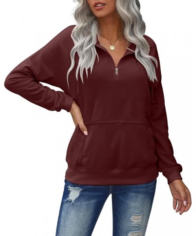 Women's Zip Up Sweatshirt Casual Long Sleeve Lapel Drawstring Oversized Quarter Zipper Pullover Fall Tops for Women Maroon $1...