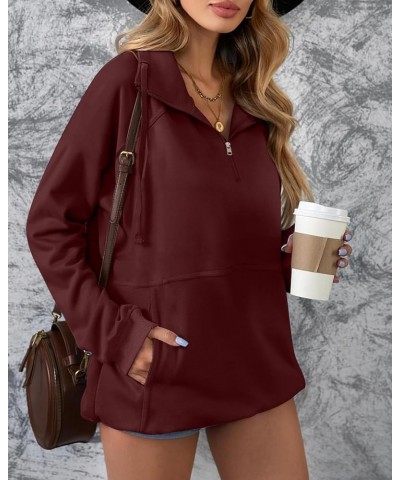 Women's Zip Up Sweatshirt Casual Long Sleeve Lapel Drawstring Oversized Quarter Zipper Pullover Fall Tops for Women Maroon $1...