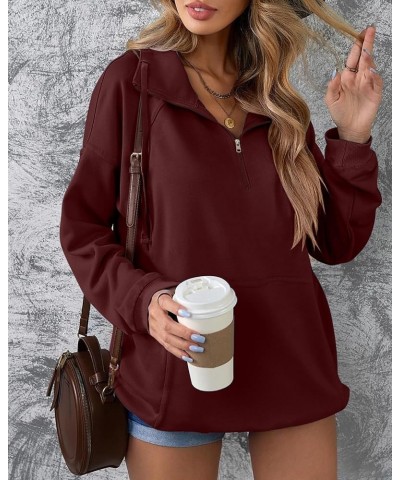 Women's Zip Up Sweatshirt Casual Long Sleeve Lapel Drawstring Oversized Quarter Zipper Pullover Fall Tops for Women Maroon $1...