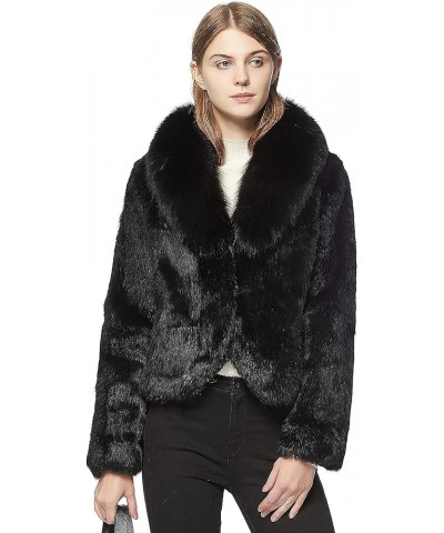 Women's Genuine Rabbit Fur Coat Fuzzy Warm Fur Jacket Winter Outware Black $62.10 Coats