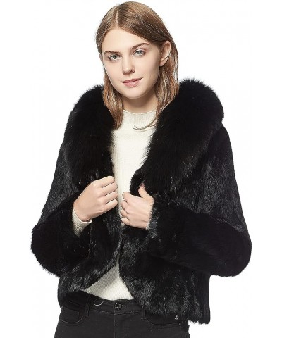 Women's Genuine Rabbit Fur Coat Fuzzy Warm Fur Jacket Winter Outware Black $62.10 Coats