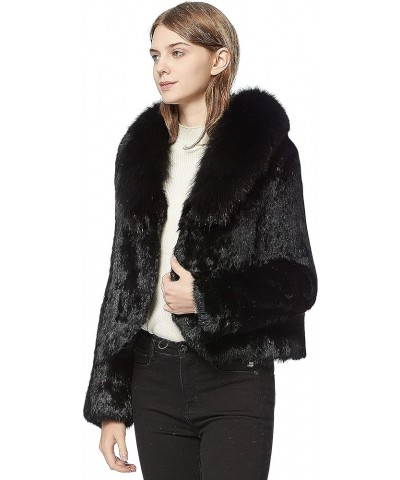 Women's Genuine Rabbit Fur Coat Fuzzy Warm Fur Jacket Winter Outware Black $62.10 Coats