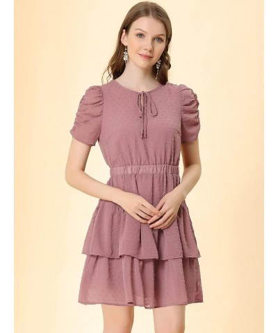 Women's Swiss Dots Dresses Ruched Short Sleeve Elastic Waist Layer Ruffle Hem Dress Muted Purple $12.00 Dresses