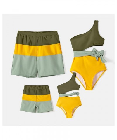 Family Matching Swimsuits Mommy and Me One Shoulder Cutout Colorblock Bathing Suits One Piece Swimwear Sets Men Green/Yellow ...