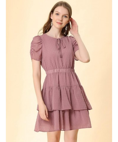 Women's Swiss Dots Dresses Ruched Short Sleeve Elastic Waist Layer Ruffle Hem Dress Muted Purple $12.00 Dresses