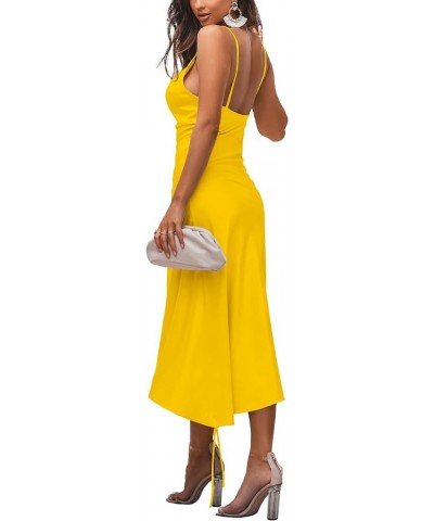 Women's Satin Spaghetti Straps Cowl Neck Sexy Ruch Cocktail Midi Dresses Bright Yellow $18.48 Dresses