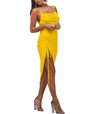 Women's Satin Spaghetti Straps Cowl Neck Sexy Ruch Cocktail Midi Dresses Bright Yellow $18.48 Dresses