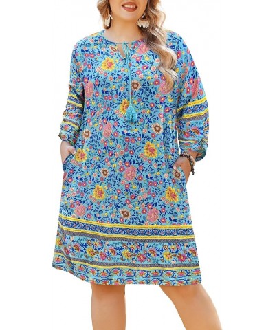 Plus Size Women Floral Print Dress Summer Casual Vintage Boho Tassel Tie Neck 3/4 Sleeve Short Pockets Dresses Pa29 $18.45 Dr...