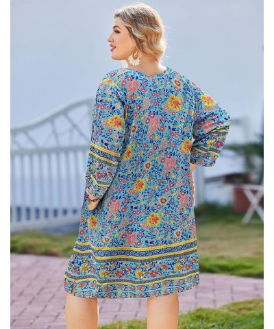 Plus Size Women Floral Print Dress Summer Casual Vintage Boho Tassel Tie Neck 3/4 Sleeve Short Pockets Dresses Pa29 $18.45 Dr...