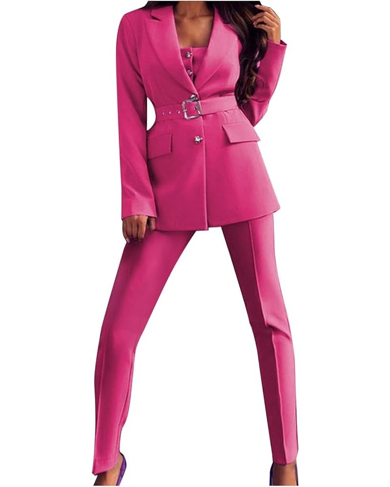 2 Piece Outfits Women Business Blazer Pant Suit Set Long Sleeve Open Front Elegant Blazer for Office Work Set Suit Hot Pink $...