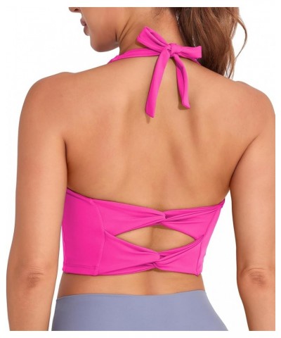 Womens Halter Workout Tops Support Padded Longline Sports Bra Crop Tank Yoga Bras Twist Gym Athletic Running Shirt Hot Pink W...