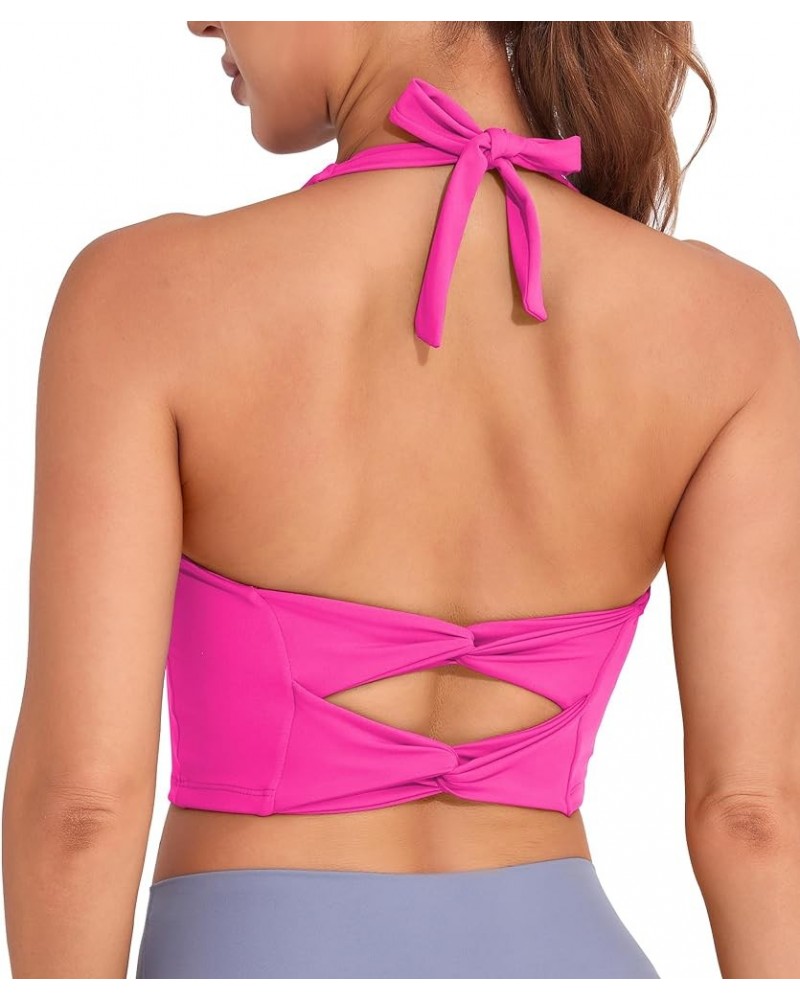 Womens Halter Workout Tops Support Padded Longline Sports Bra Crop Tank Yoga Bras Twist Gym Athletic Running Shirt Hot Pink W...